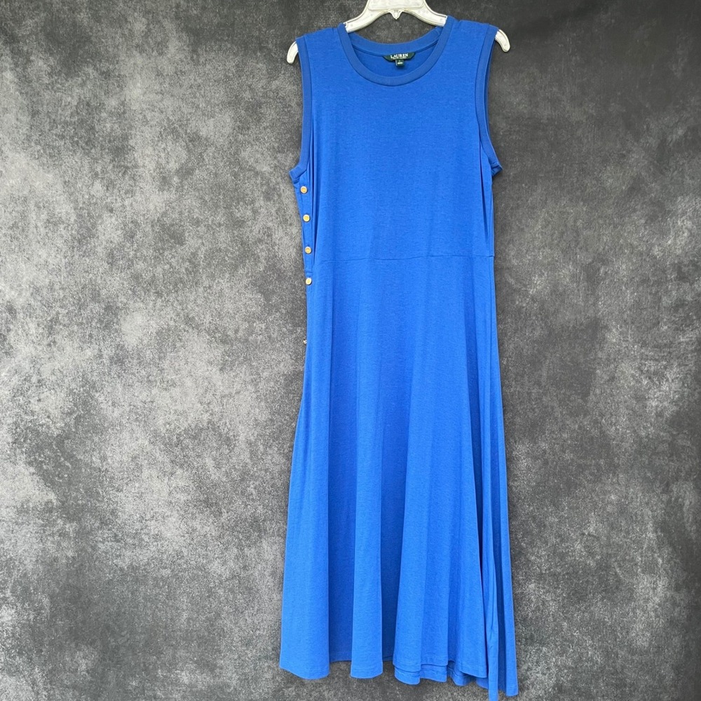 Lauren Ralph Lauren NEW Blue Sleeveless Midi Dress Gold Buttons Cruise Resort L